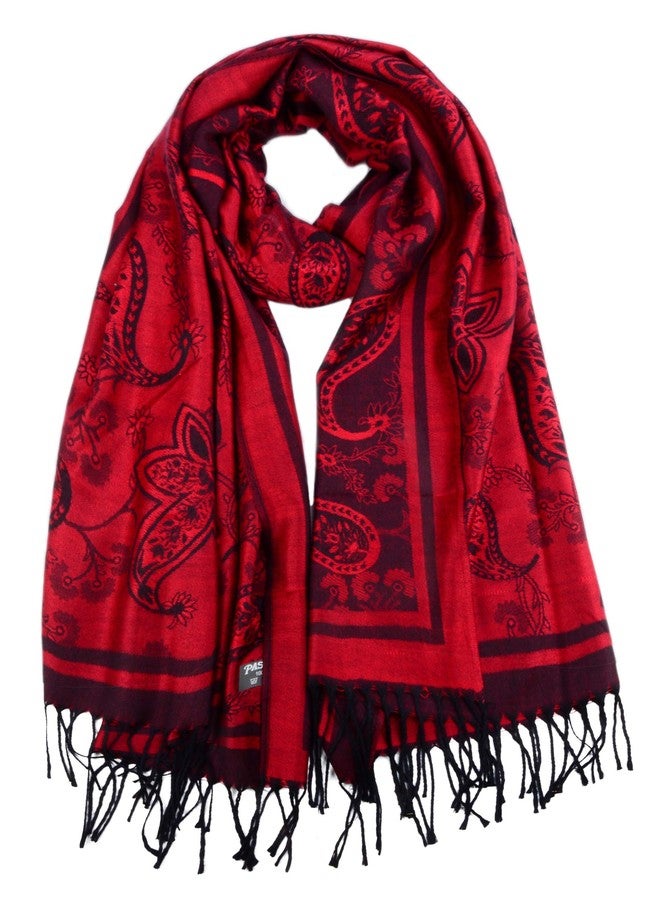 Iristide Women's Pashmina Shawl Paisley Pattern Scarf Tassels Wrap Colorful Ethnic (2005-Red &Black) - Image 1